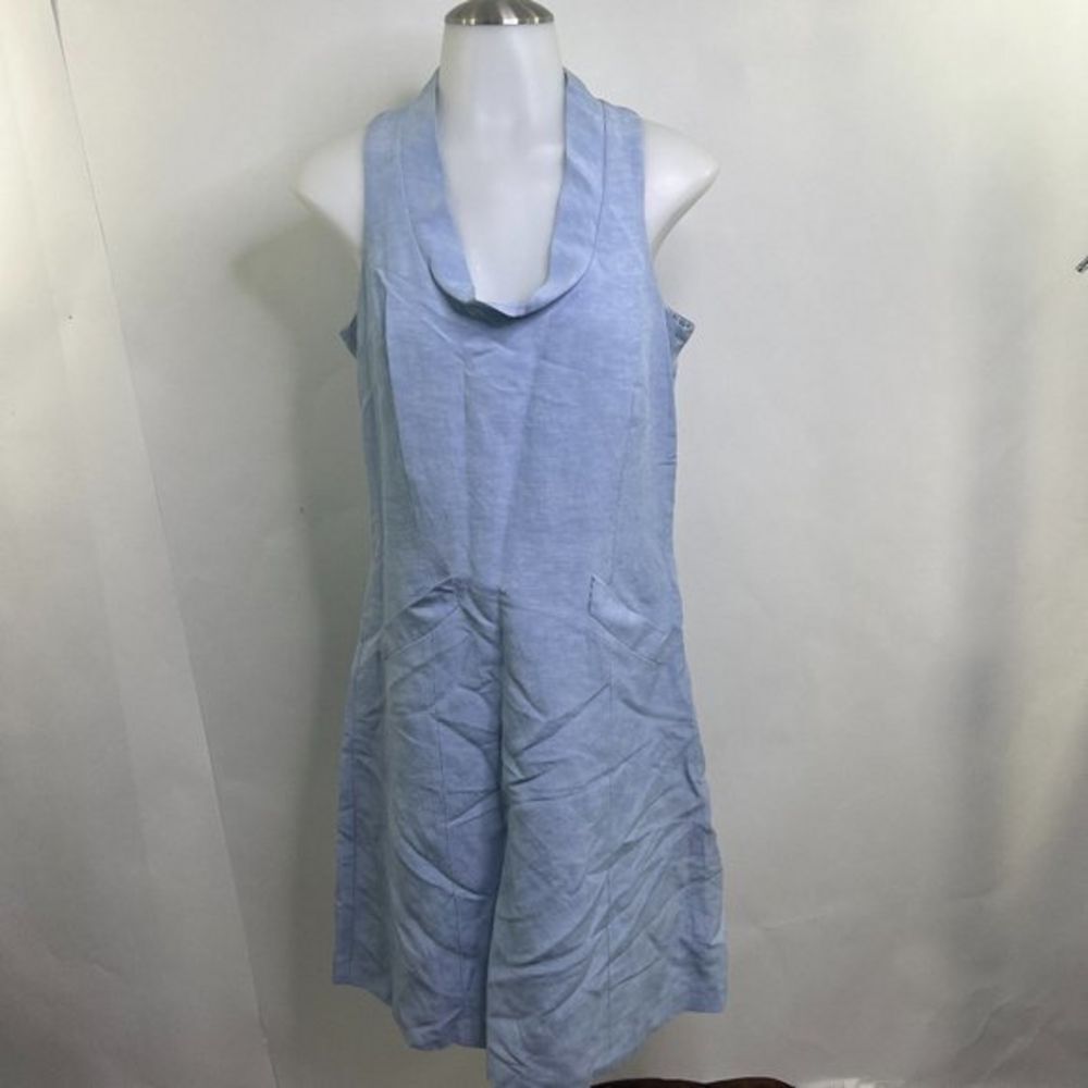 Zenobia Dress 6 Blue Silk Linen Sheath Pockets Cowl Neck A-line Light Sleeveless
